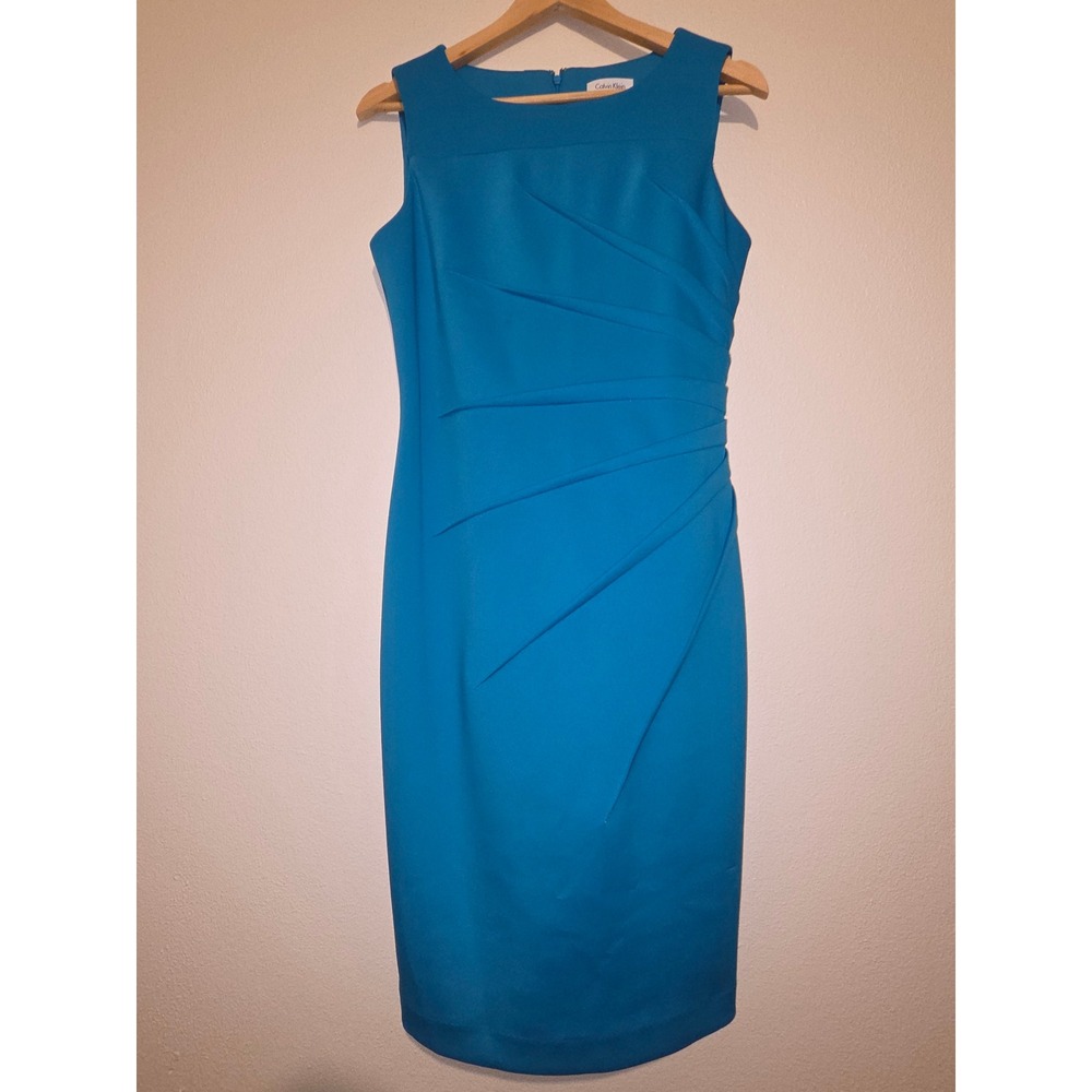 Calvin Klein Turquoise Blue Sunburst Pleat Sheath Dress CD6M1B4P Size 8